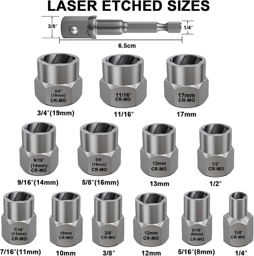 Topec 13+1 Piece Impact Bolt & Nut Remover Set, 3/8" Drive Bolt Extractor Socket Set, 8mm-19mm Stripped Lug Nut Remover, Twist Socket for Damaged, Rusted, Rounded Fasteners