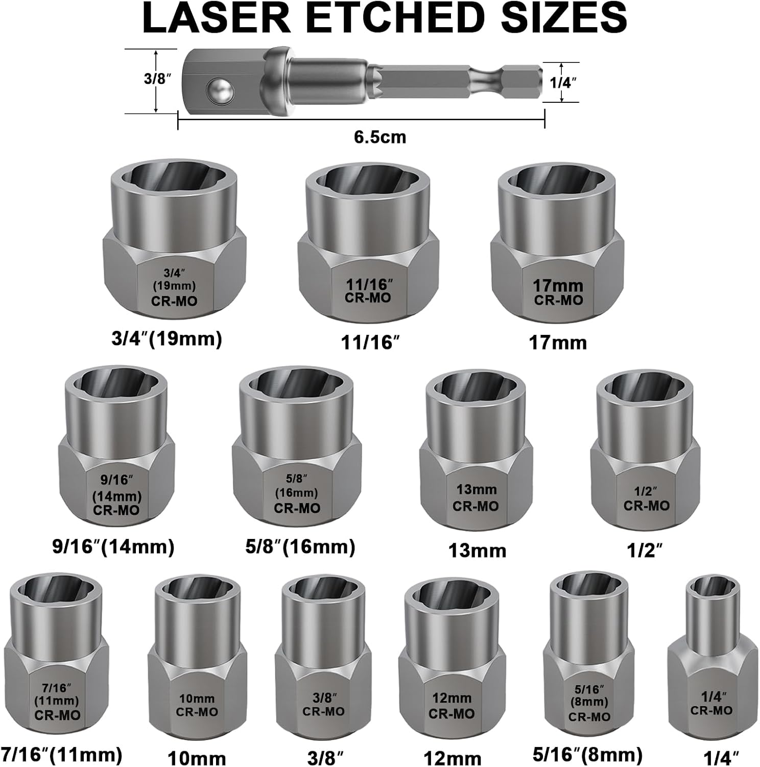 Topec 13+1 Piece Impact Bolt & Nut Remover Set, 3/8" Drive Bolt Extractor Socket Set, 8mm-19mm Stripped Lug Nut Remover, Twist Socket for Damaged, Rusted, Rounded Fasteners