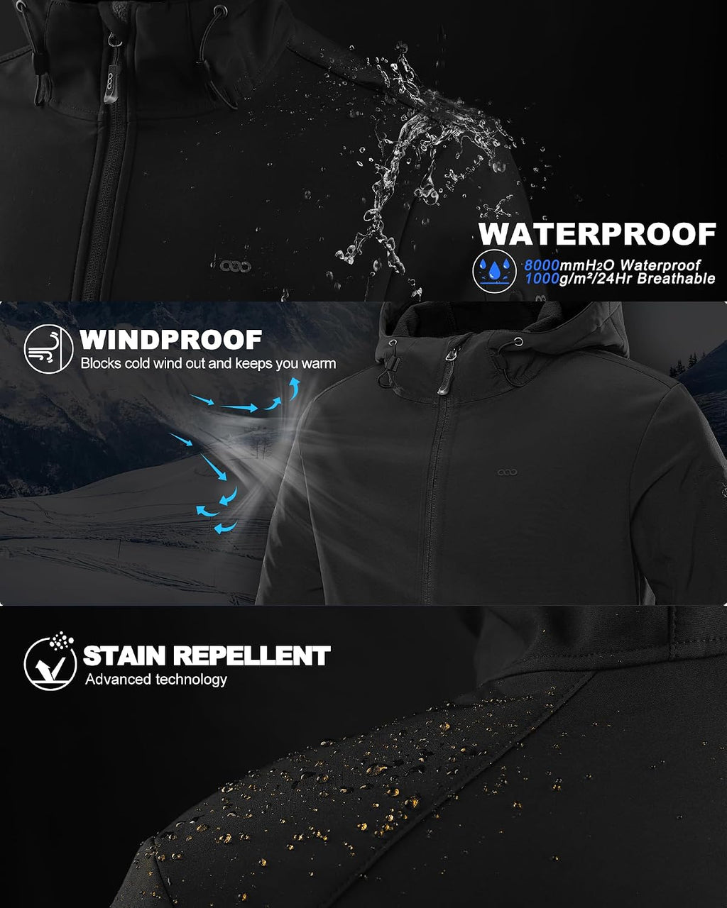 33,000ft Men's Hooded Fleece Lined Rain Shell Jacket Waterproof Lightweight