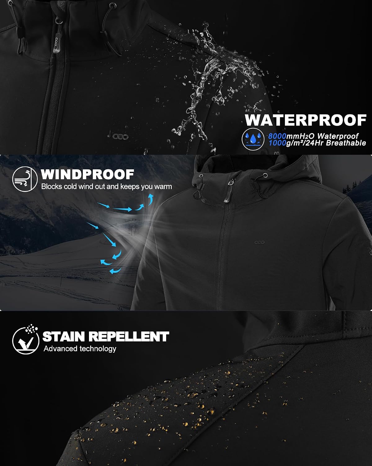 33,000ft Men's Hooded Fleece Lined Rain Shell Jacket Waterproof Lightweight