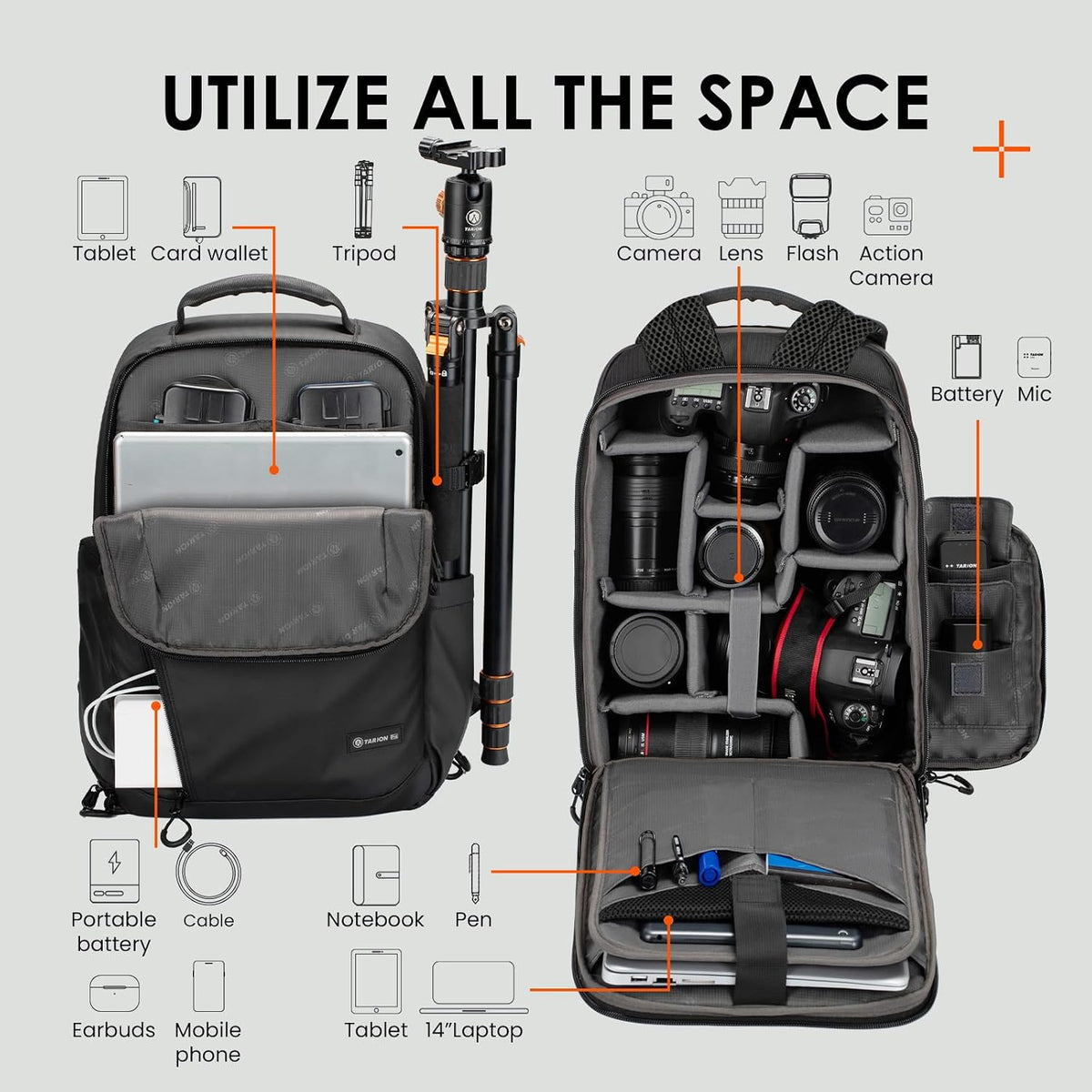 TARION Urban Camera Backpack for Photographers Compact 12.5L Black TRL