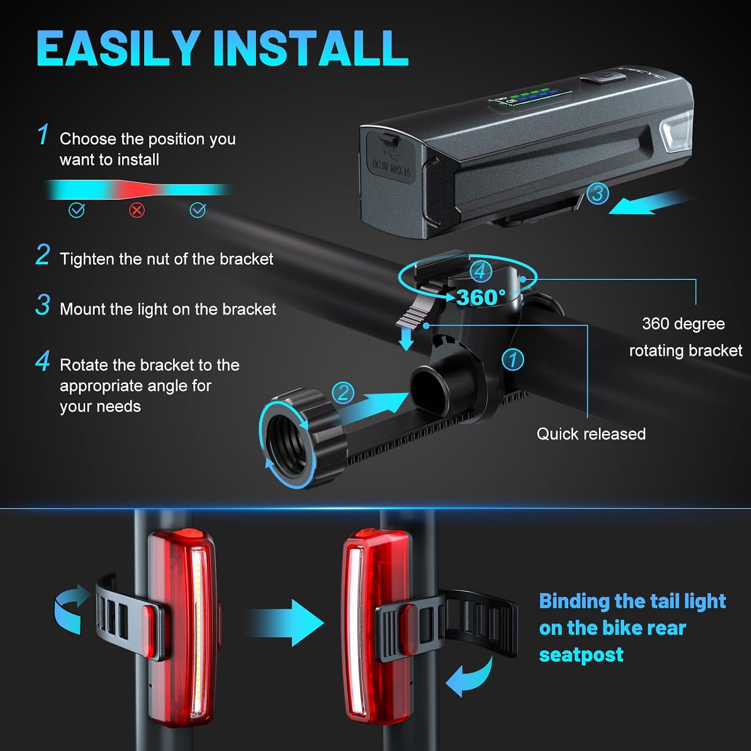 APECYC Bike Lights, Rechargeable Bicycle Light for Night Riding, Bike Front Headlight and Back Taillight with 4+5 Light Modes, Waterproof Bike Light Set for Mountain Road & Commuter Cycling