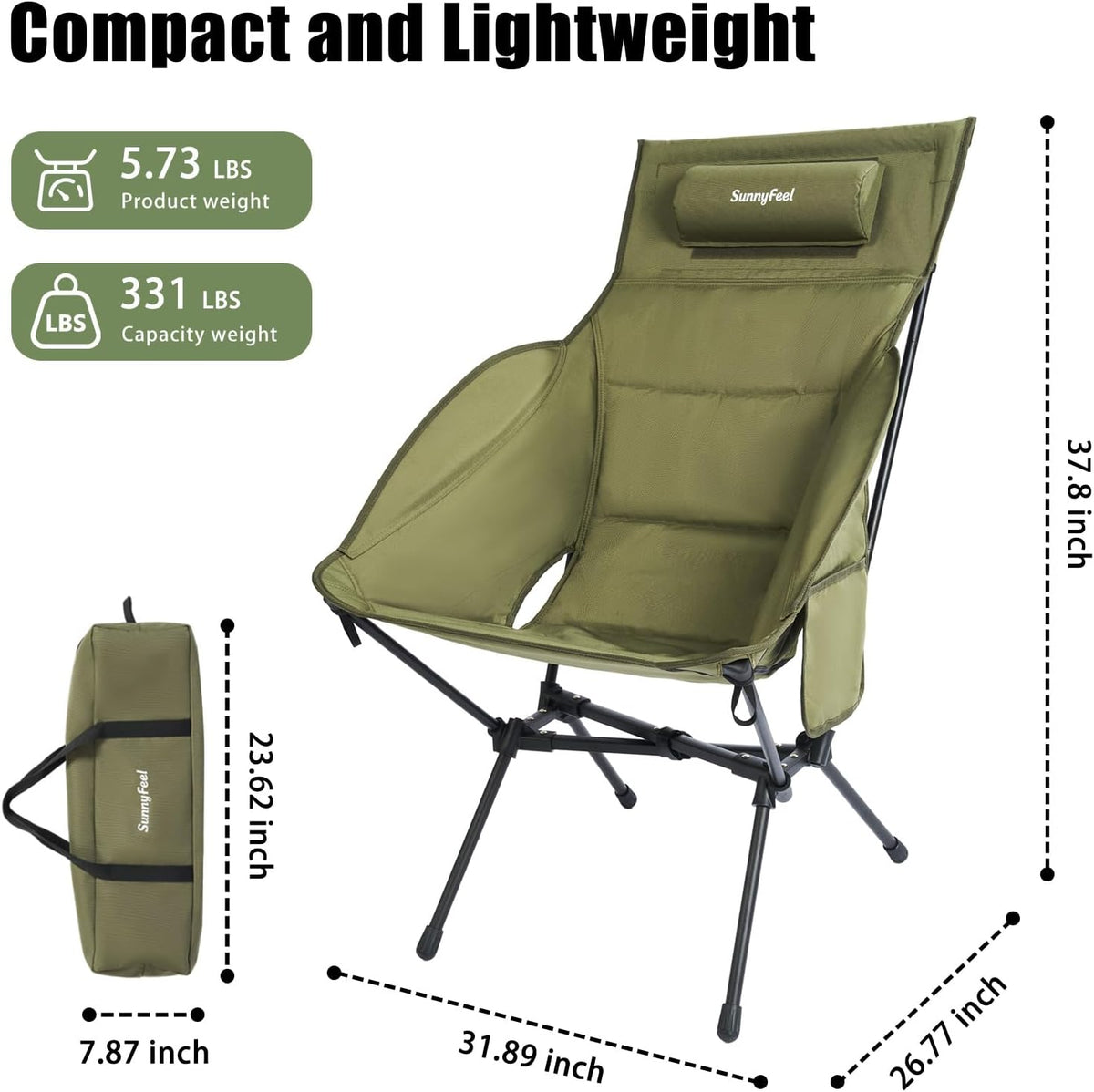 SUNNYFEEL Oversized High Back Padded Camping Chair, Portable Folding Outdoor Chair, Sturdy Camping Chair, Ultralight Compact Chair for Camping, Beach, Festival, Travel, Patio (Army Green)