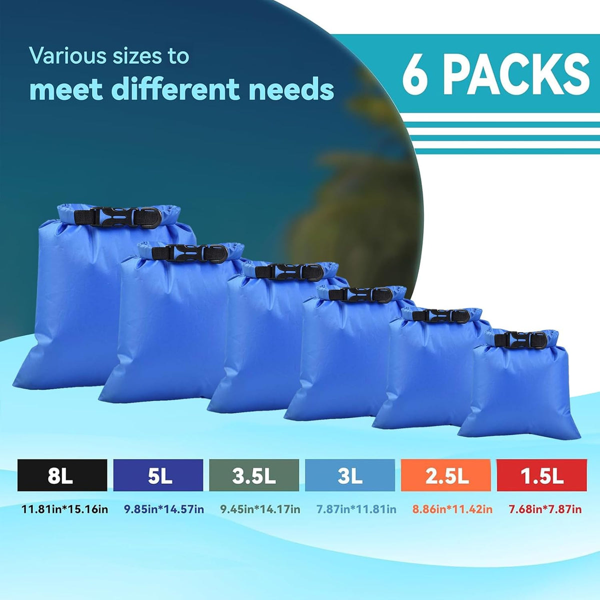 6PCS Dry Bags Waterproof, Lightweight Dry Bags for Kayaking Waterproof，Outdoor Waterproof Bag for Kayaking Hiking Boating Camping