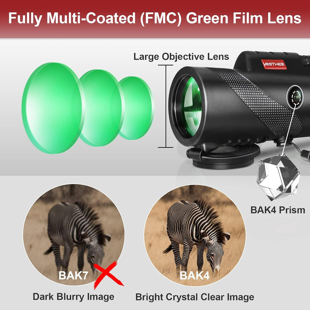 80x100 Monocular Telescope for Smartphones - High Powered HD Monocular with Tripod & Adapter, Low Light Vision for Adults - for Wildlife, Bird Watching, Hunting, Hiking