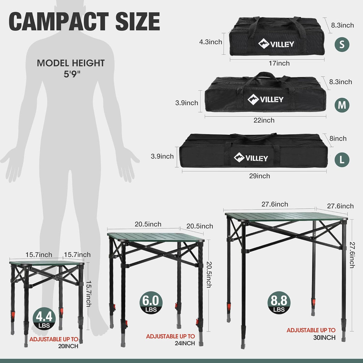 VILLEY Folding Camping Square Table, Portable Aluminum Table, Small