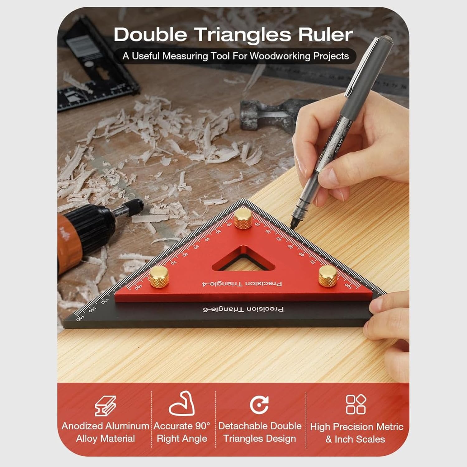 Double Triangle Ruler Detachable 4 Inch 6 Inch Aluminum Alloy Accurate Carpentry Square Tool for Woodworking Drafting Design