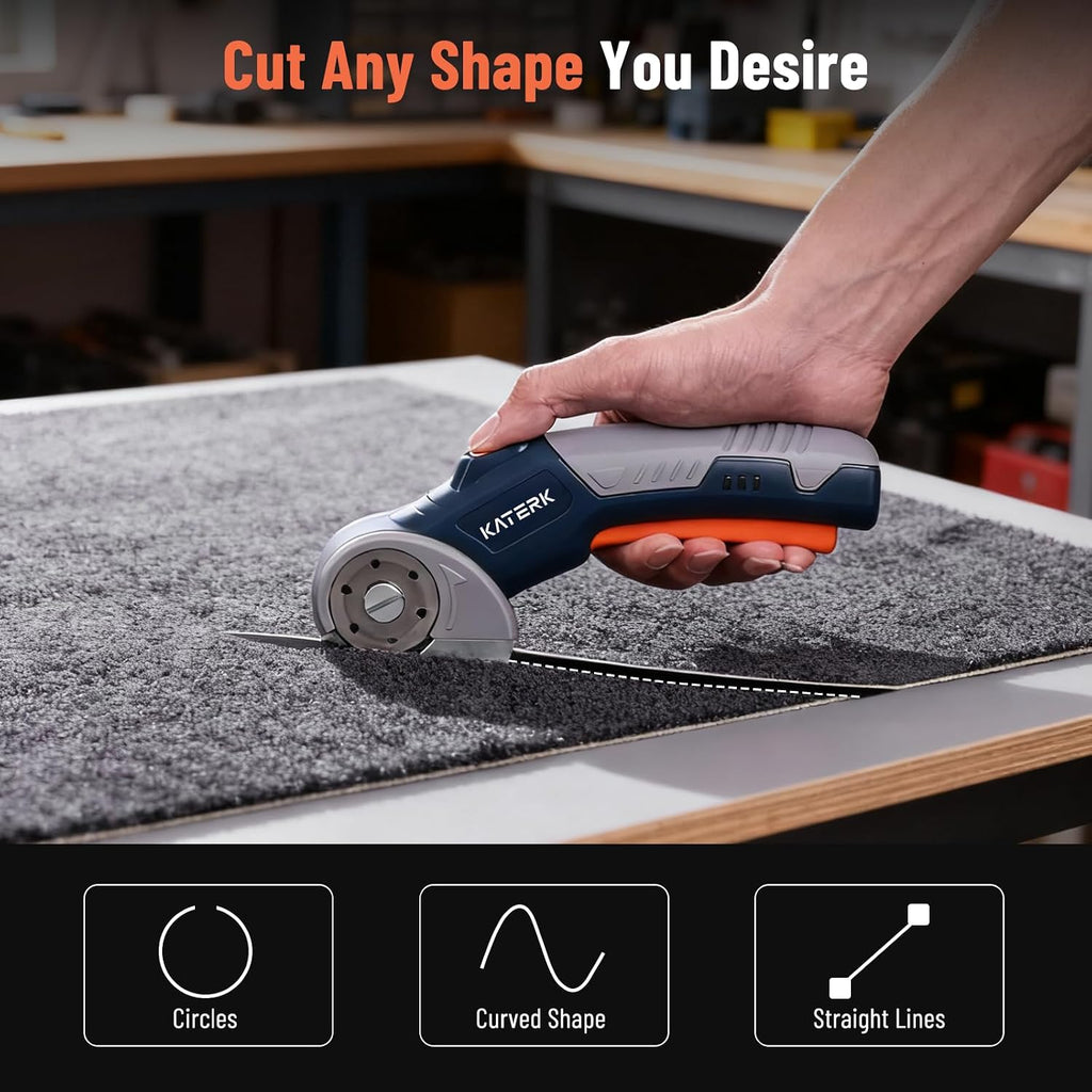 Electric Box Cutter, Katerk Cordless Electric Scissors with Safety Lock & LED Light, Cardboard Cutter, Ambidextrous Use, Rotary Cutter for Fabric, Leather, Plastic, Crafting