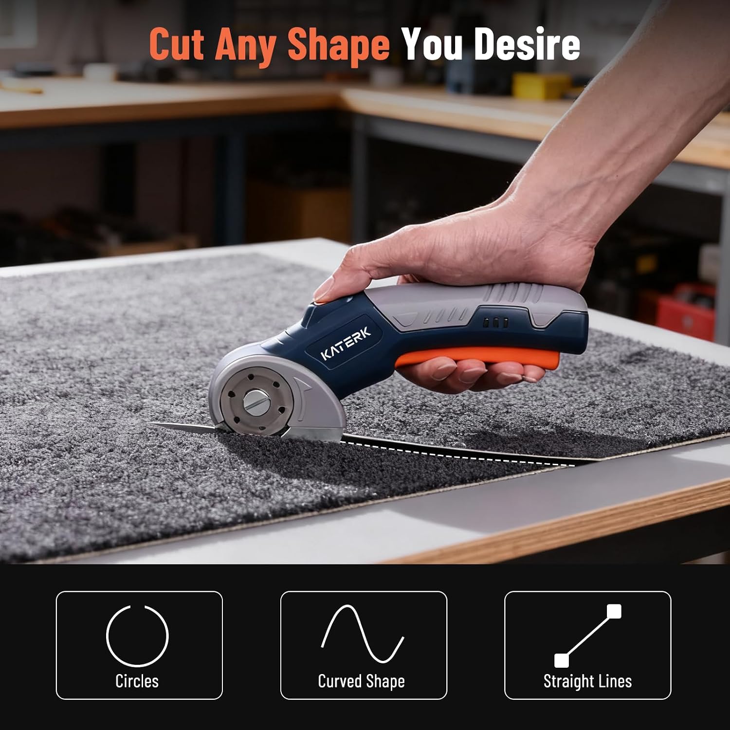 Electric Box Cutter, Katerk Cordless Electric Scissors with Safety Lock & LED Light, Cardboard Cutter, Ambidextrous Use, Rotary Cutter for Fabric, Leather, Plastic, Crafting