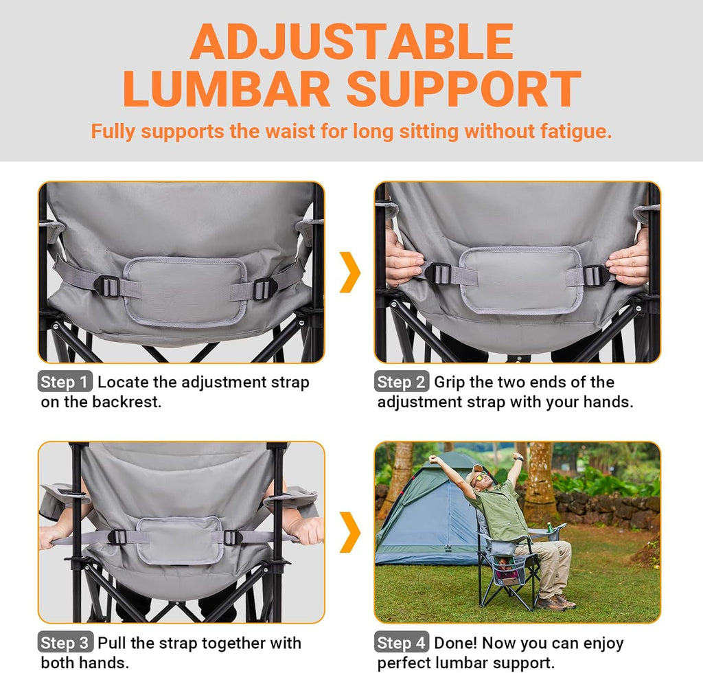 KingCamp Oversized Camping Folding Chair with Lumbar Support, Heavy Duty Ergonomic Padded Arm Chair with Cooler Bag, Cup Holder, Portable for Outdoor