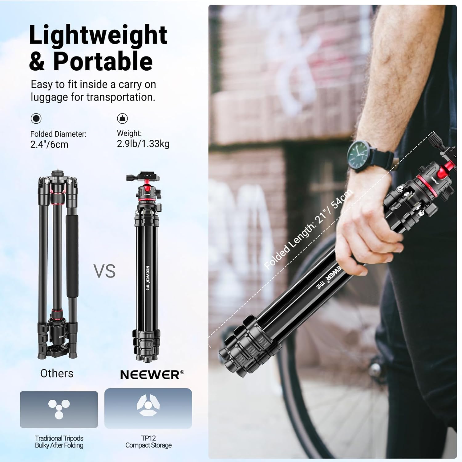 NEEWER Basics 66.5"/169 cm Travel Tripod for Camera, Lightweight Portable DSLR Stand with Ball Head, Arca Type QR Plate, Cell Phone Holder Compatible with iPhone Video Recording, Max Load 11 lb, TP12
