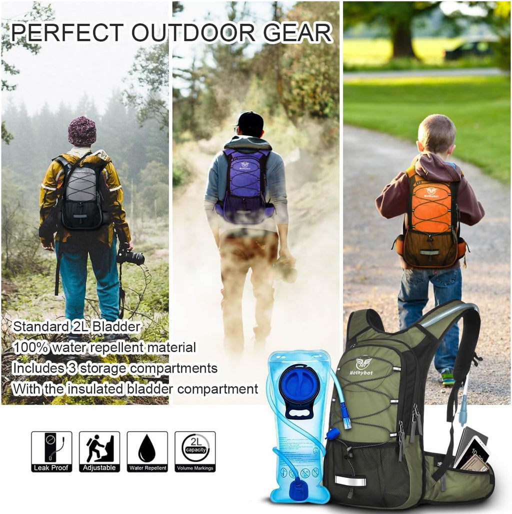 Mothybot Hydration Pack, Insulated Hydration Backpack with 2L BPA Free Water Bladder and Storage, Hiking Backpack for Men, Women, Kids for Running, Cycling, Camping - Keep Liquid Cool up to 5 Hours