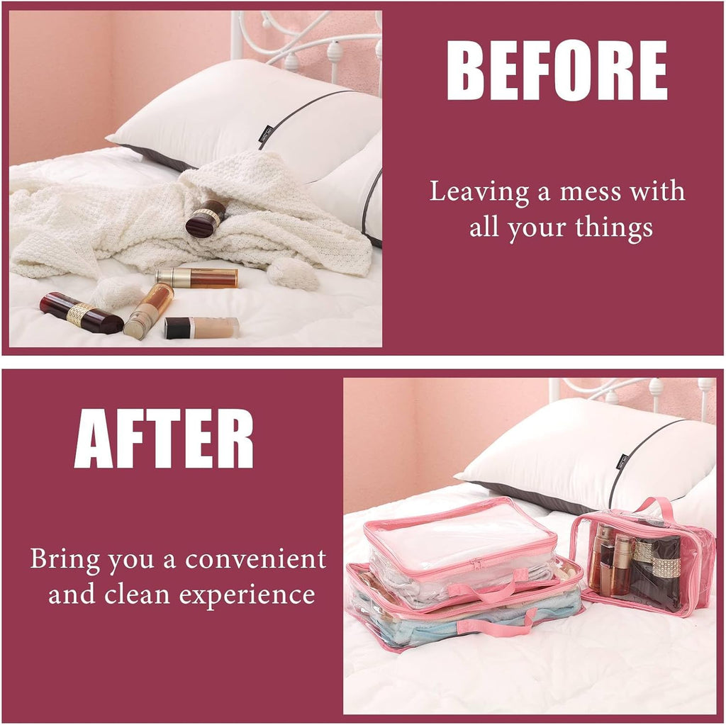 Hillban 6 Pcs Large Clear Packing Cubes for Travel, 3 Sizes PVC Bags, Pink