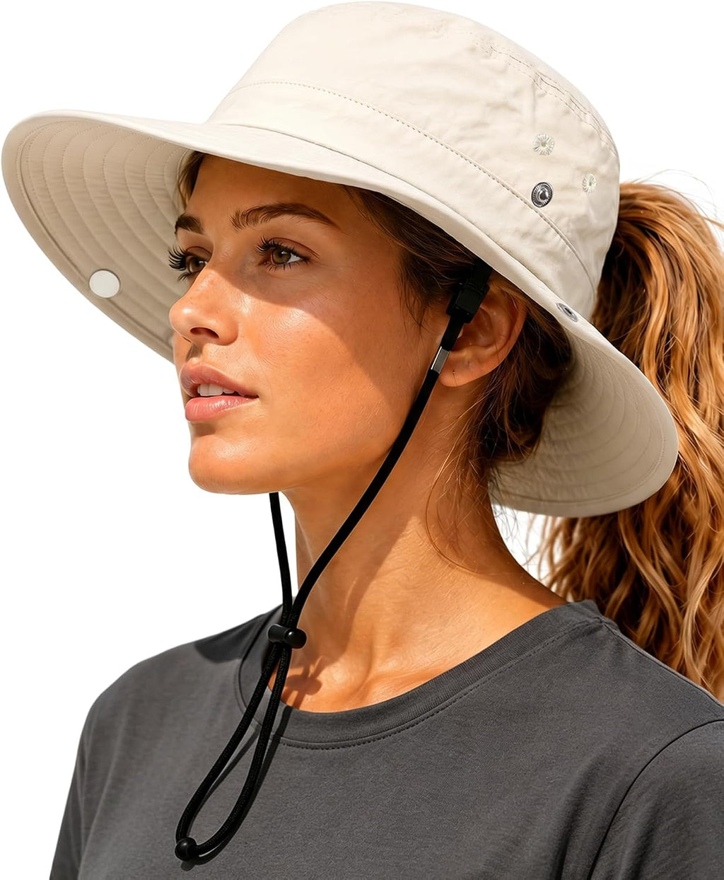 Womens Sun Hat with Ponytail Hole Wide Brim UPF 50+ Waterproof Bucket Hat Packable with Chin Strap for Hiking Beach Travel