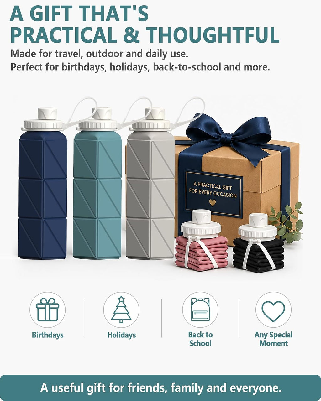 BEAUTAIL Collapsible Water Bottles 21oz/610mL, Silicone Travel Water Bottle