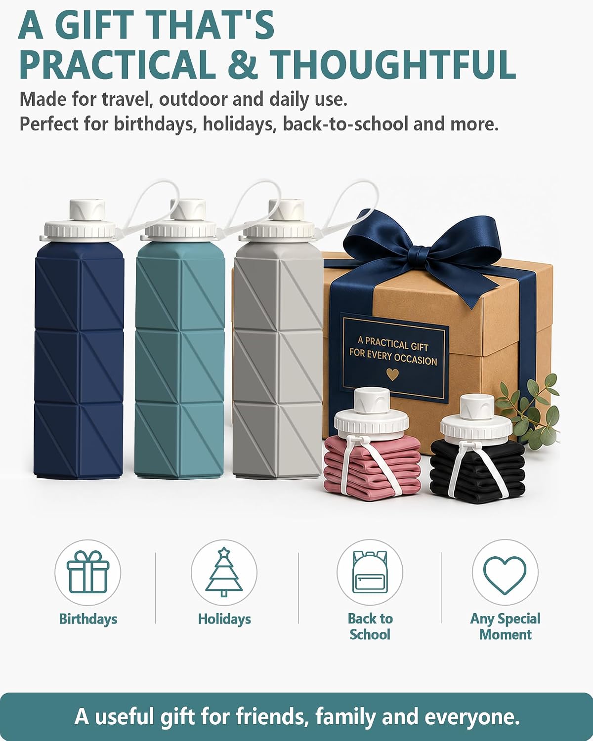 BEAUTAIL Collapsible Water Bottles 21oz/610mL, Silicone Travel Water Bottle