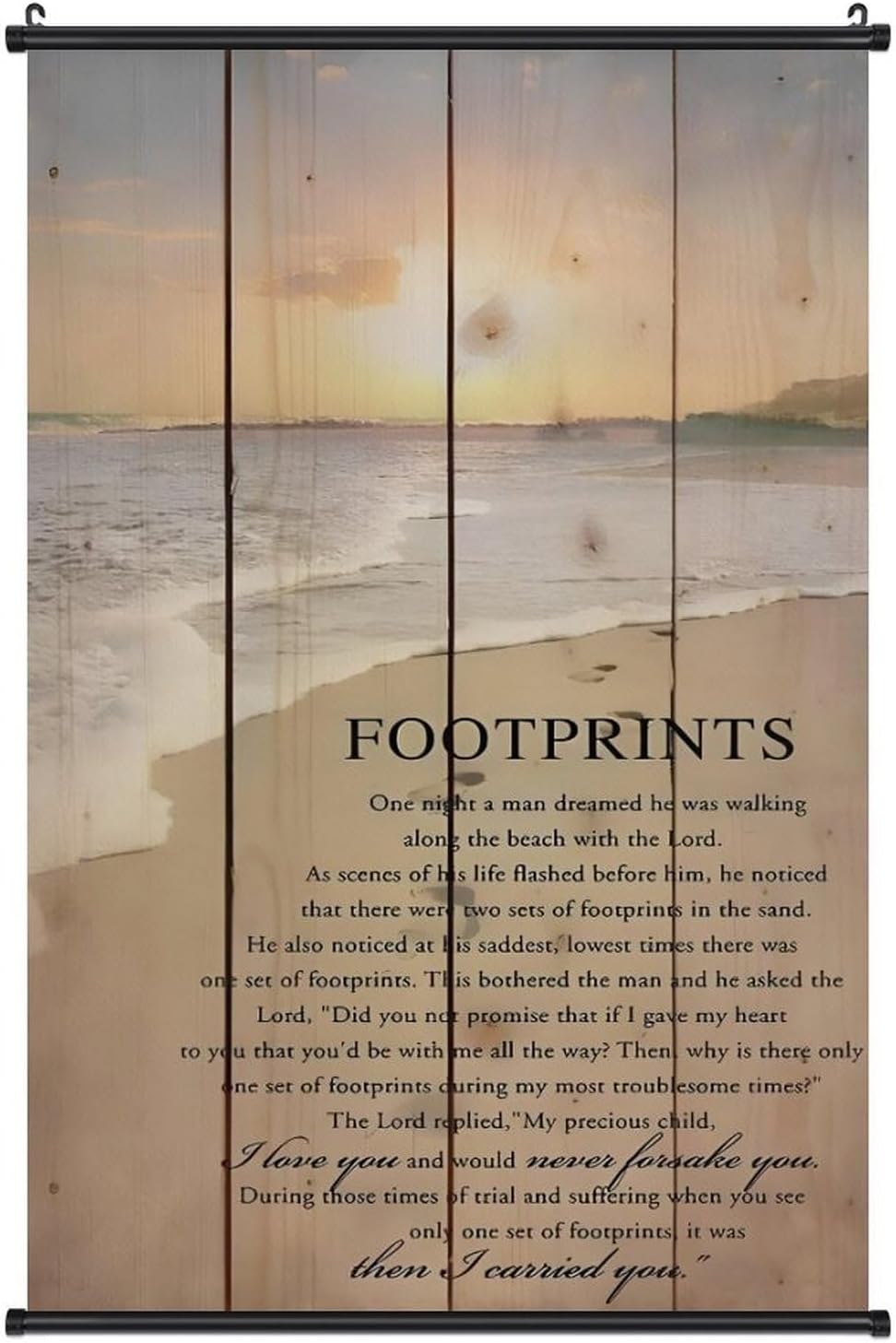Footprints in the Sand Religious Canvas Wall Art Posters, Inspirational Beach Sunset Poem Print Poster (Black Axis 24x36inch, Footprints(1))