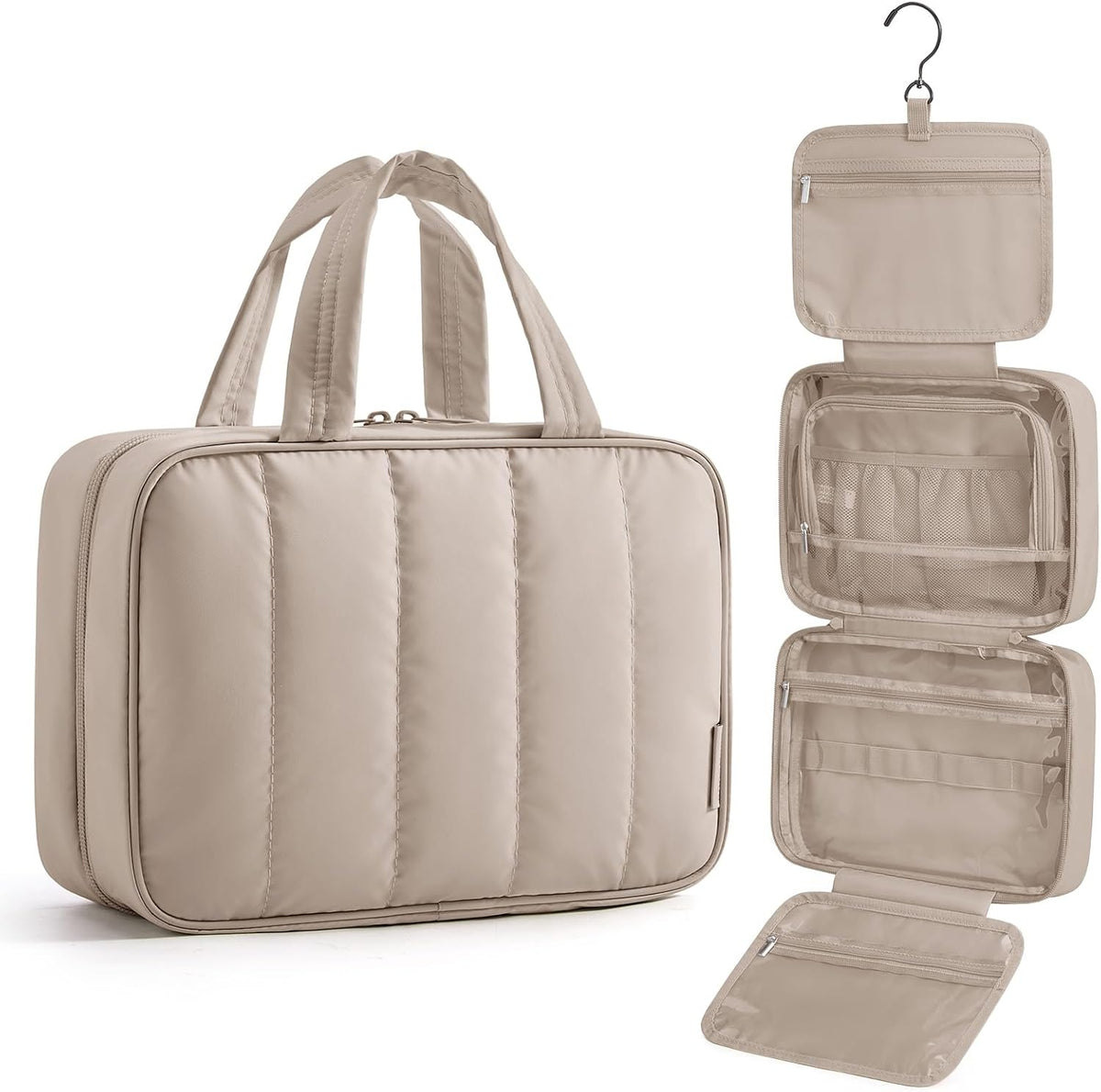 BAGSMART Travel Toiletry Bag for women, Portable Hanging Hook Makeup Bag Organizer, Waterproof Makeup Cosmetic Bag, for Full-Size Accessories, Toiletries, Beige