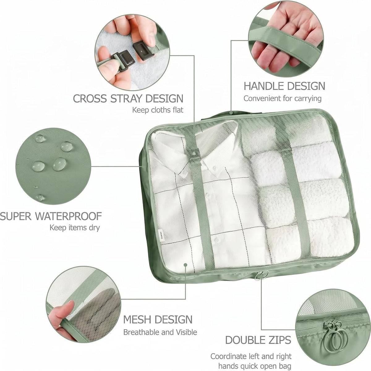 LANSKLBD 6/8 Set Packing Cubes for Suitcases Travel Luggage Packing Organizers,Travel Accessories Essentials Luggage Organizer with Shoe/Tioletry/Laundry Bag (Matcha Green, 8 set)