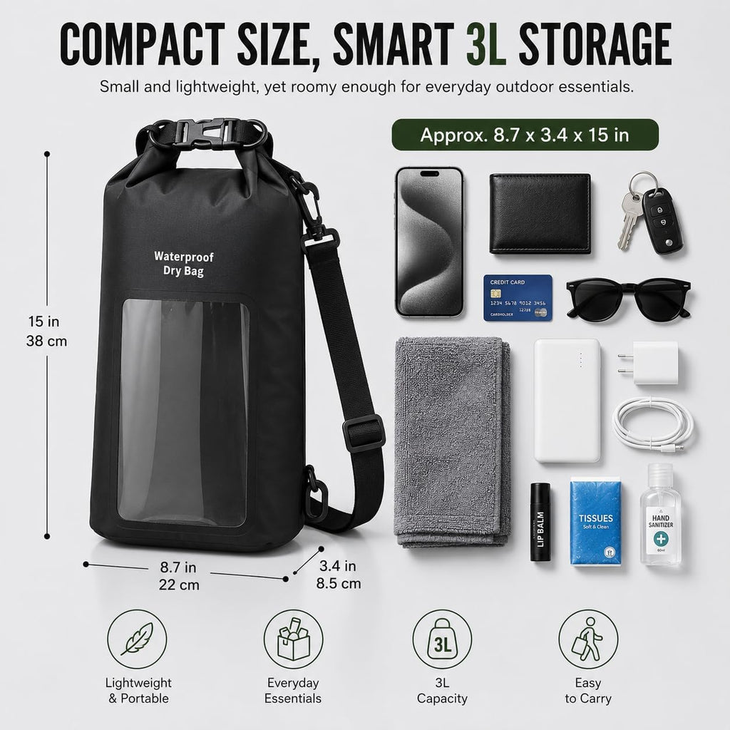 3L IPX8 Waterproof Dry Bag Backpack with Touchscreen Phone Pouch, Black