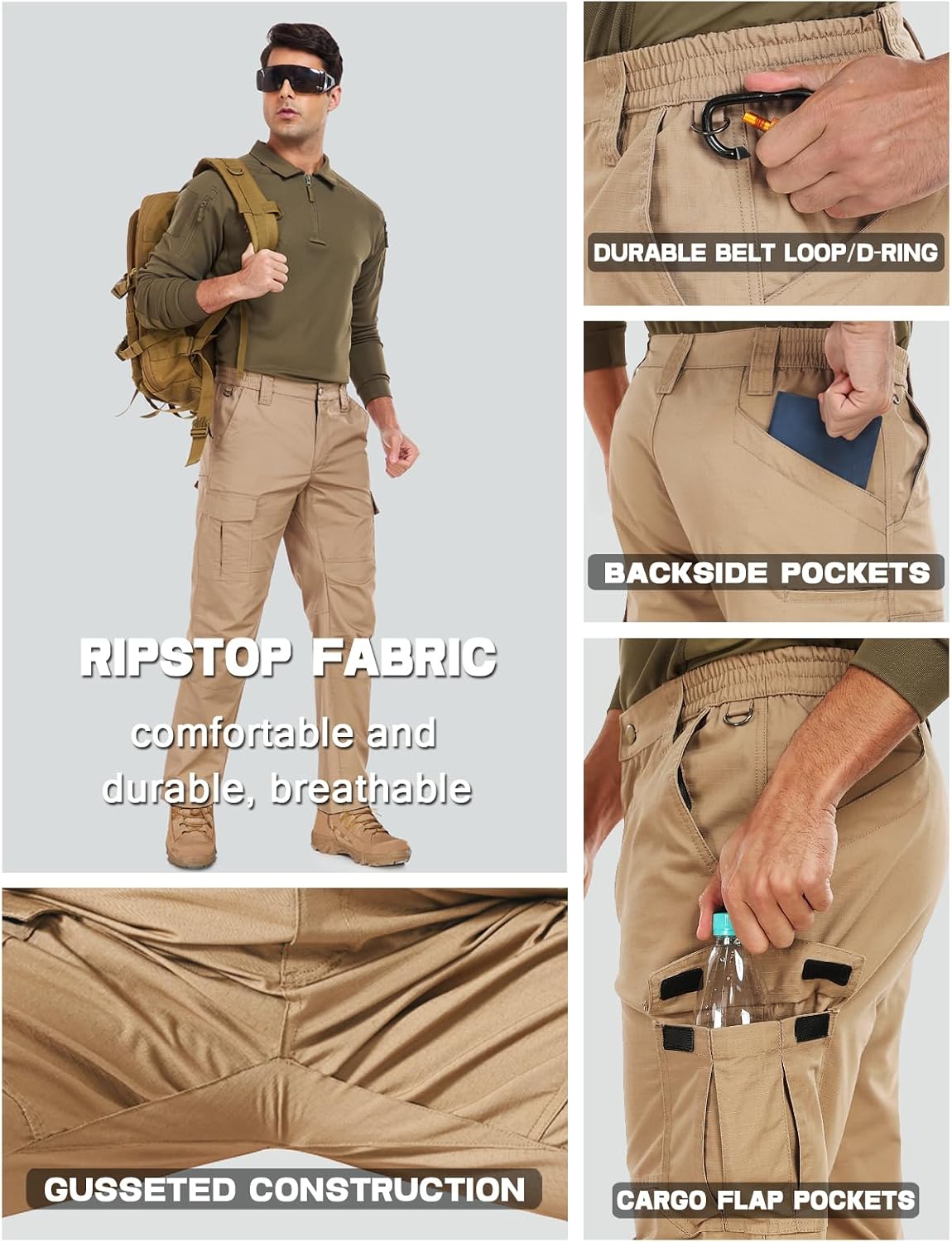 Mens Cargo Work Pants Durable Ripstop Tactical Pants with 7 Pockets Outdoor Water Resistant Hiking Woking Construction Pants