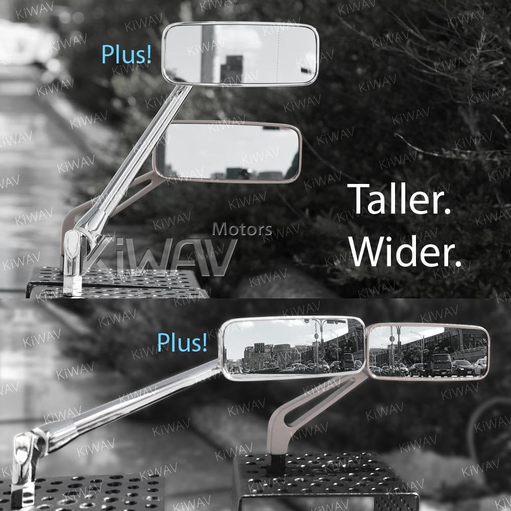 KiWAV Motorcycle Mirrors Rear View Side Rectangular ClassicPlus Chrome Convex Aspherical Anti-Glare Blue Tinted Glass Longer Stem Compatible for Custom Harley Street 500 750 Pack of Pair