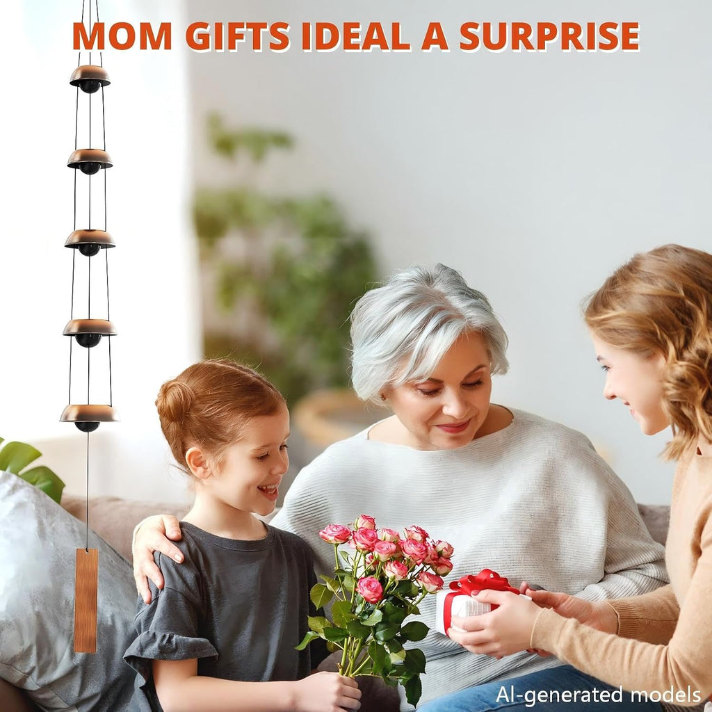 Copper Wind Chimes for Outside Clearance, 36'' Temple Windchimes Outdoors w/5 Bells, Memorial Wind Chime Gifts for Mom Grandma Mother Women, Feng Shui Wind Bell for Home Garden Zen Decor