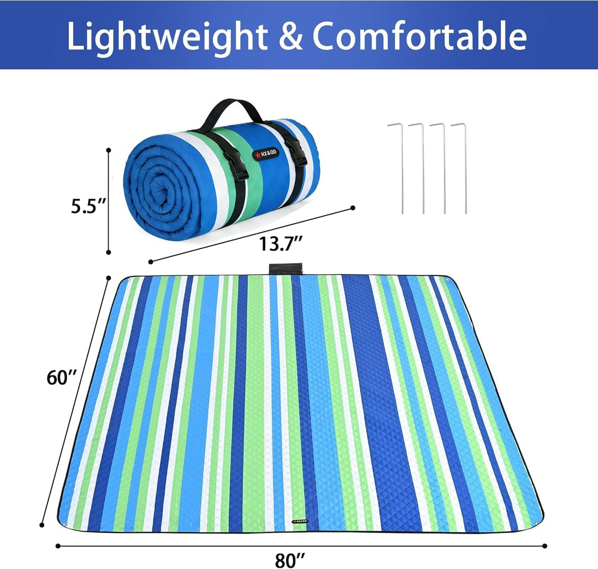 HX&OD Outdoor Picnic Blanket Extra Large, 80''*60'' Waterproof Picnic Mat with Stakes Foldable Camping Blanket Portable with Carry Strap for Beach Mat (Green& White, 80''*60'')
