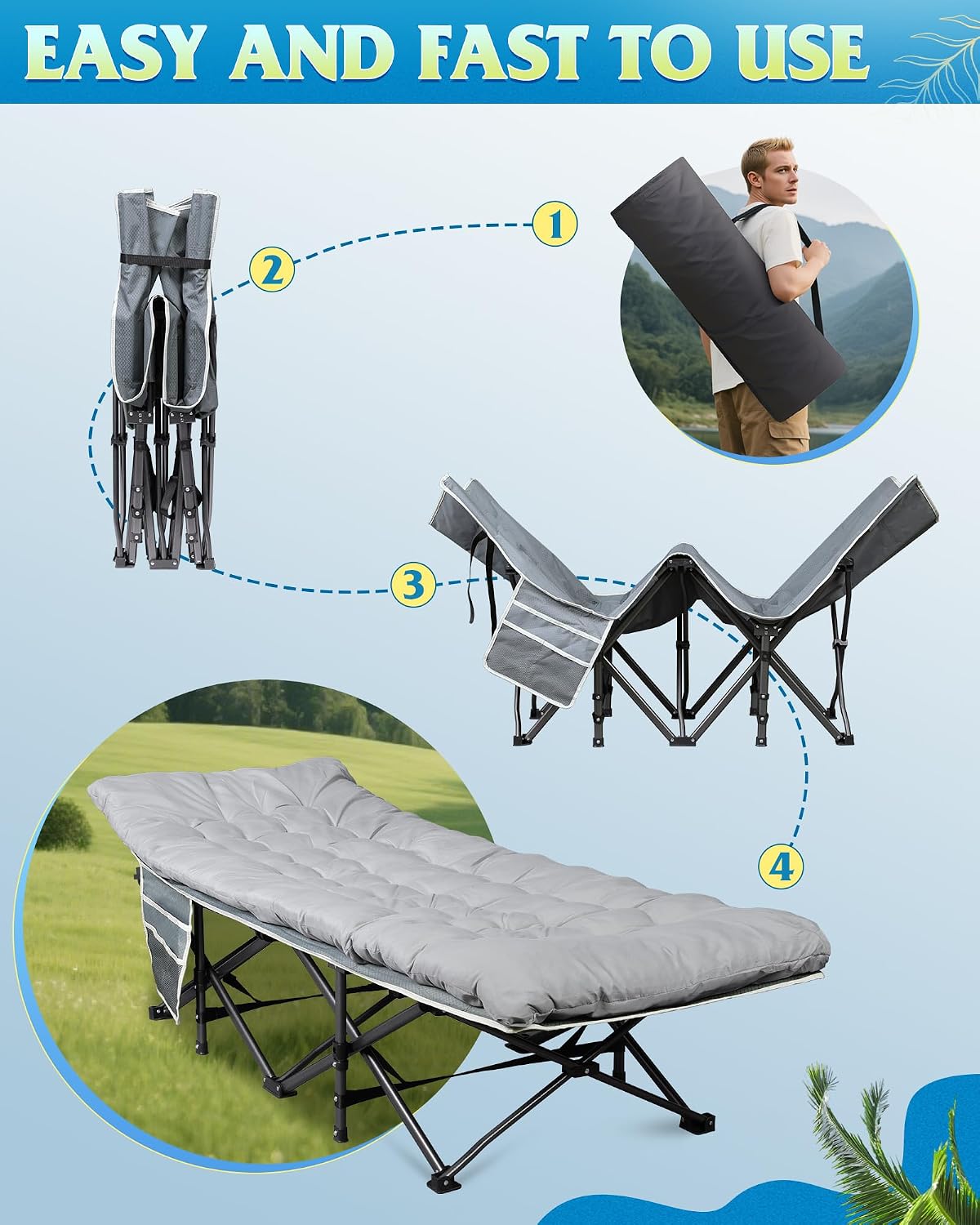 WLIVE 1200D Oxford Camping Cot with Washable Mattress for Adults, Greige