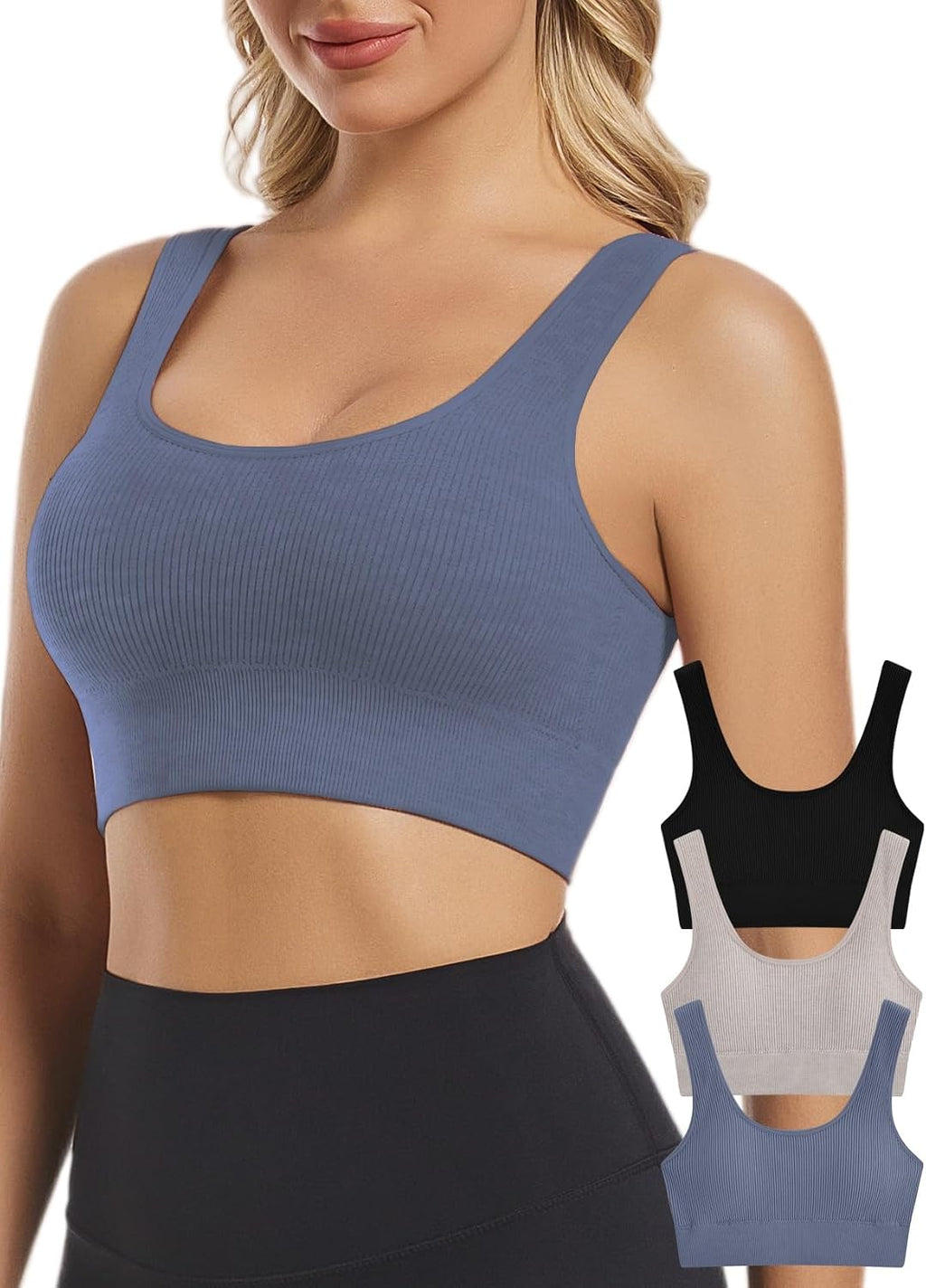 Chilylori Seamless Sports Bras for Women Pack of 3 Ribbed Sports Bra Tops