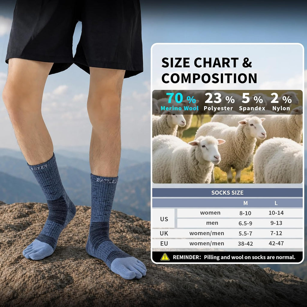 Merino Wool Toe Socks,Hiking Running Crew Socks for Women Men