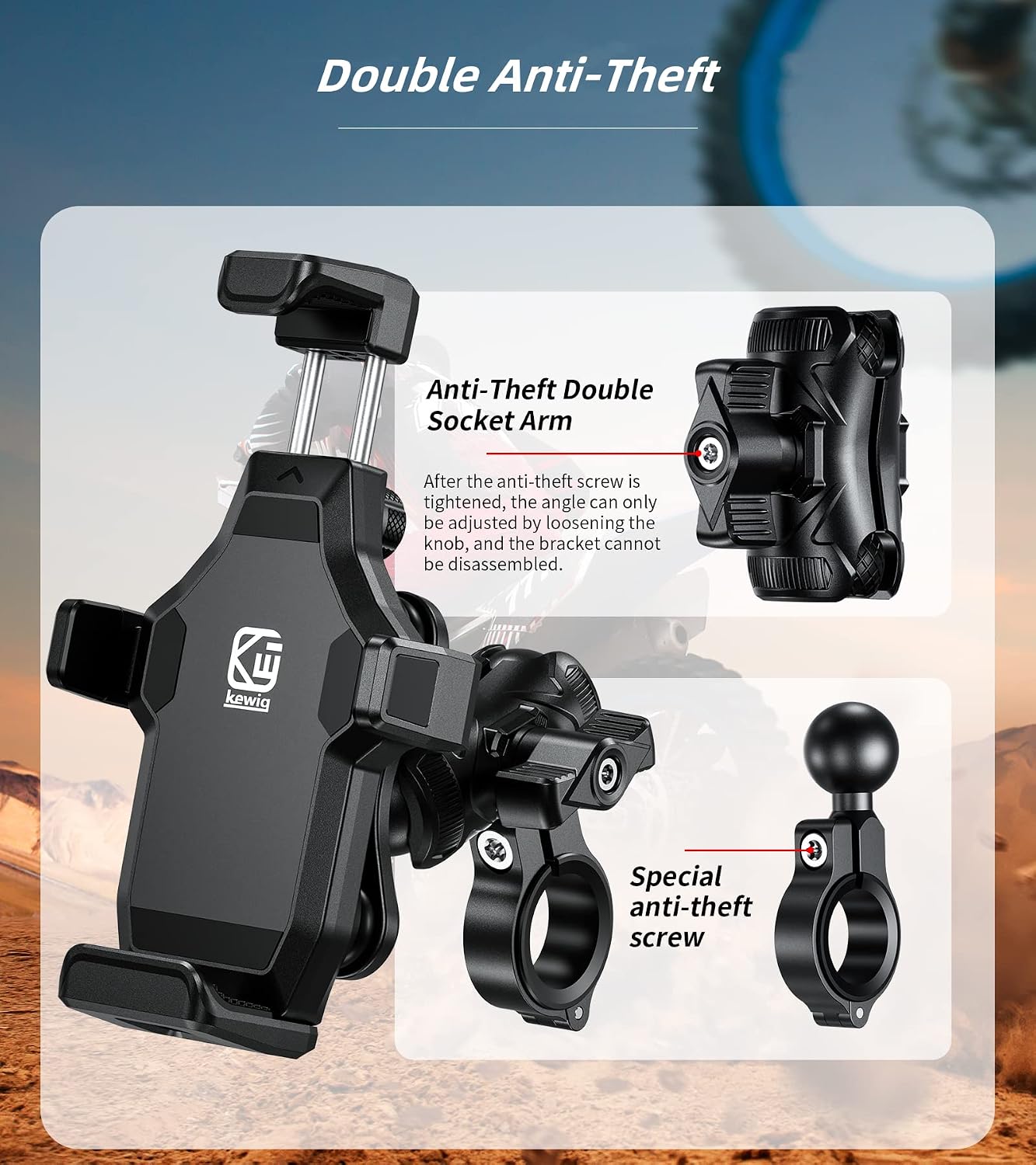 Kewig Motorcycle Phone Mount with Vibration Dampener & Secure Lock