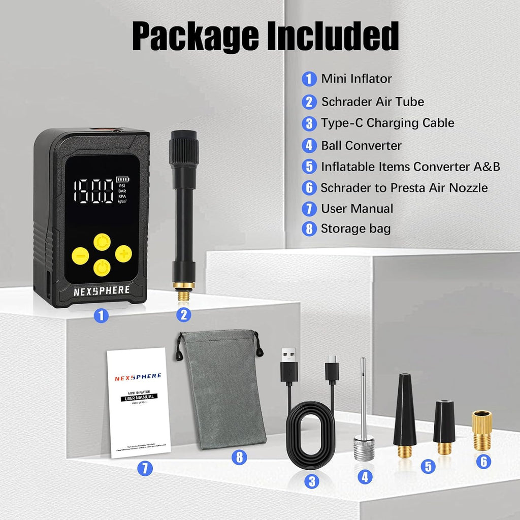 Mini Bike Tire Pump, Max 150 PSI, 25s Fast Inflate Bicycle Pump with Gauge, Electric Tire Inflator, Portable Air Pump with Presta & Schrader Valve for Mountain, City, Road, E-Bike, and Ball
