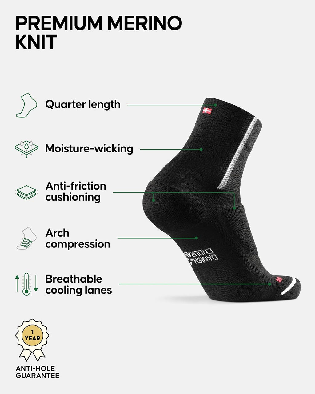 DANISH ENDURANCE Merino Cycling Socks, Cushioned for Road/MTB, 2-Pack