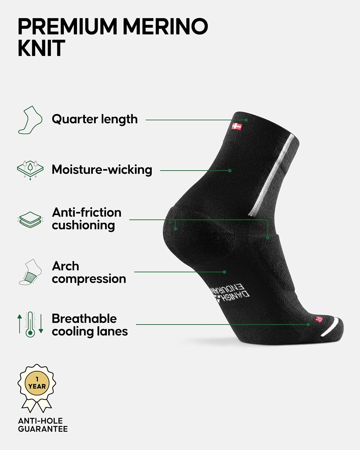 DANISH ENDURANCE Merino Cycling Socks, Cushioned for Road/MTB, 2-Pack