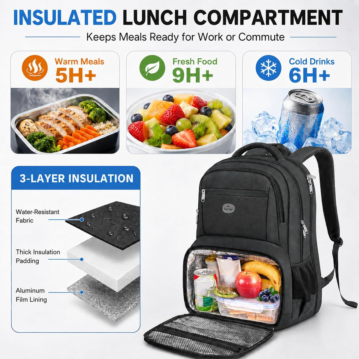 MATEIN Lunch Backpack for Men, 17 Inch Work Backpack with Lunch Compartment