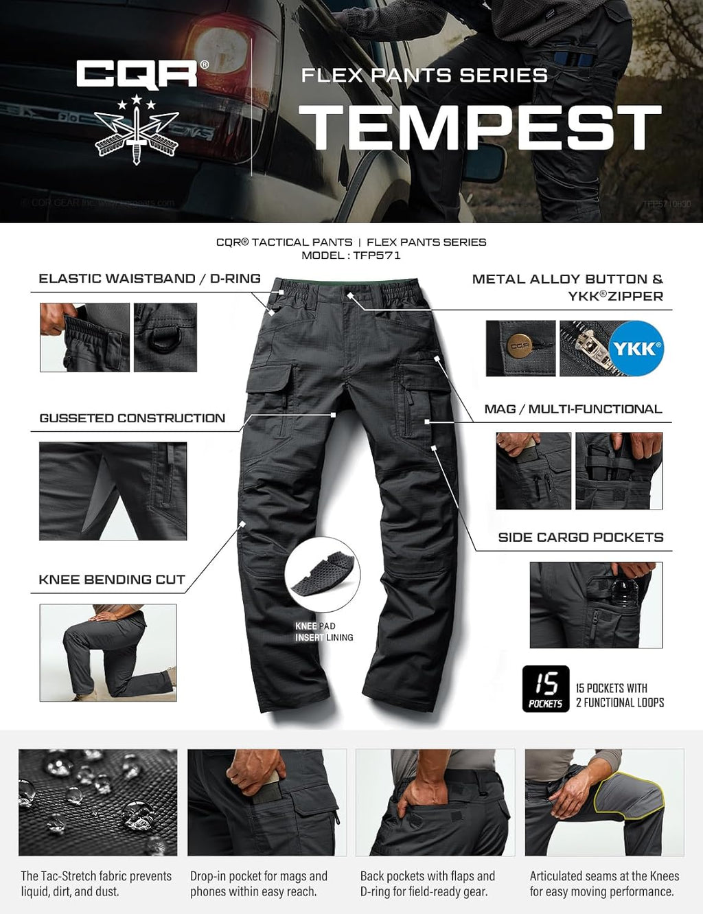 CQR Men's Flex Stretch Tactical Pants, Water Resistant Ripstop Cargo Pants, Lightweight EDC Outdoor Work Hiking Pants