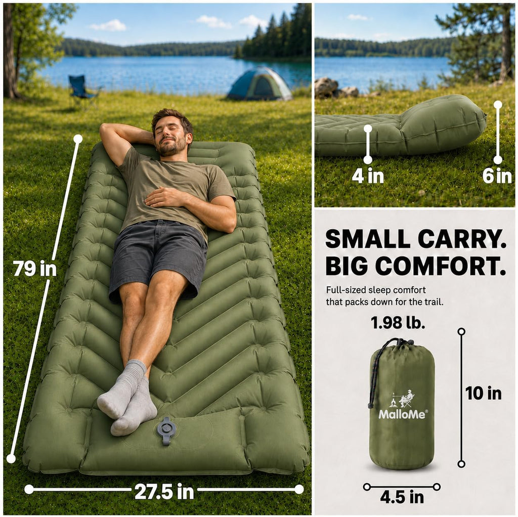 MalloMe Sleeping Pad for Camping, Camping Mattress - Bed for Outdoors Built-in Foot Pump Air Mattress for Backpacking Leak-Resistant Inflatable Travel Mat Compact Ultralight Single & Double