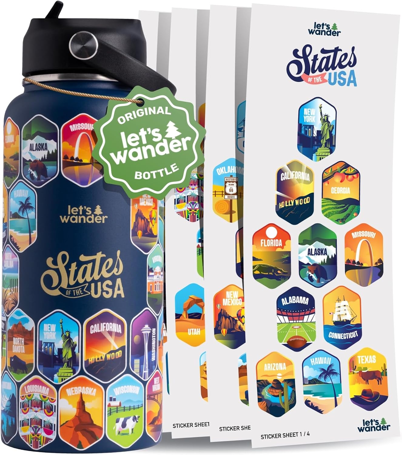 LET'S WANDER Lets Wander 50 States Water Bottle with Waterproof Stickers - 32oz Leakproof Insulated Stainless Steel with Straw - States of the USA Gift Bottle (Blue)