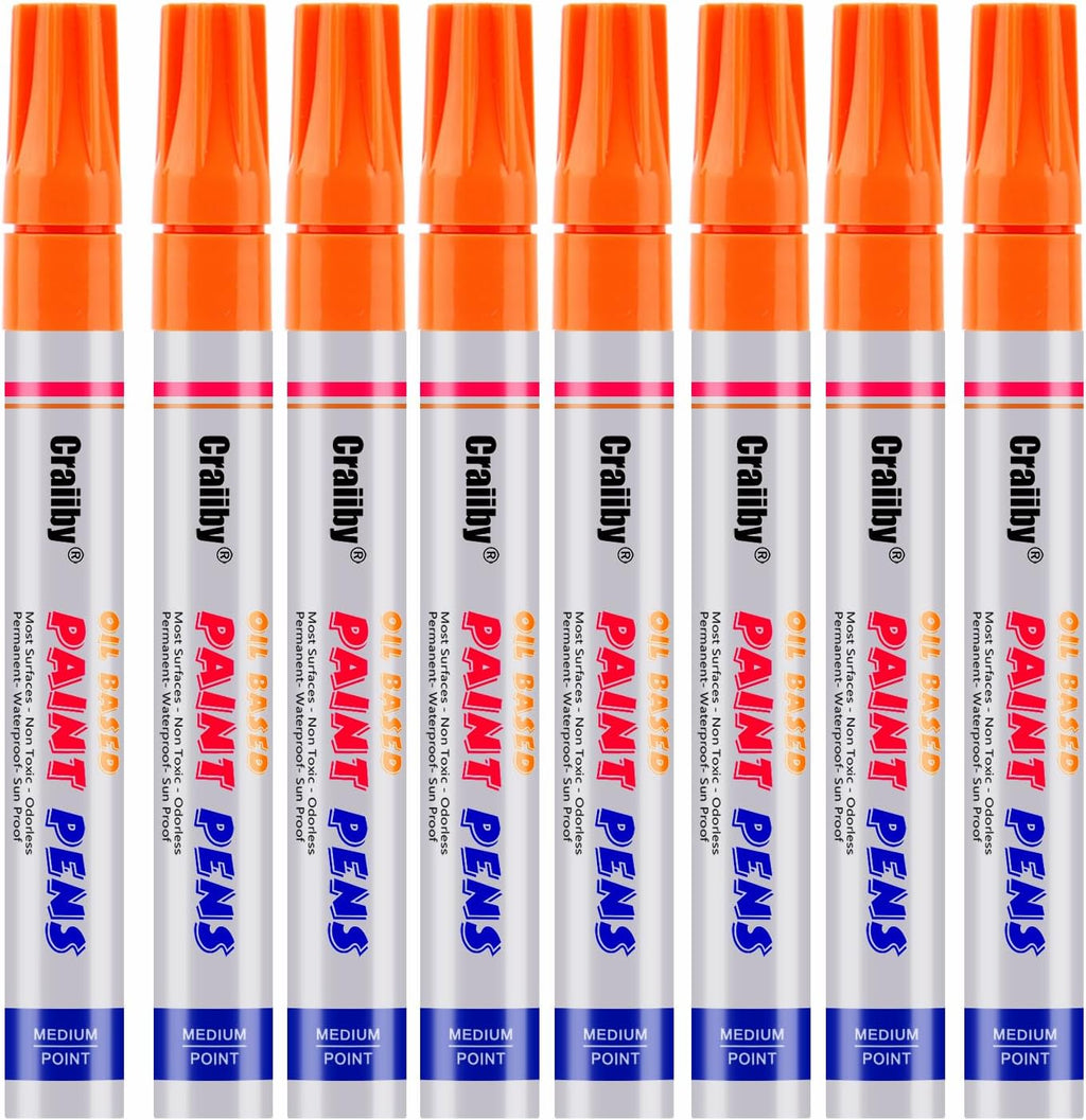 Orange Paint Markers, 8 Pack Oil-Based Waterproof Quick Dry Permanent Paint Pen Set for Rocks Painting, Wood, Fabric, Plastic, Canvas, Glass, Mugs, Metal, Tire, Stone, DIY Craft