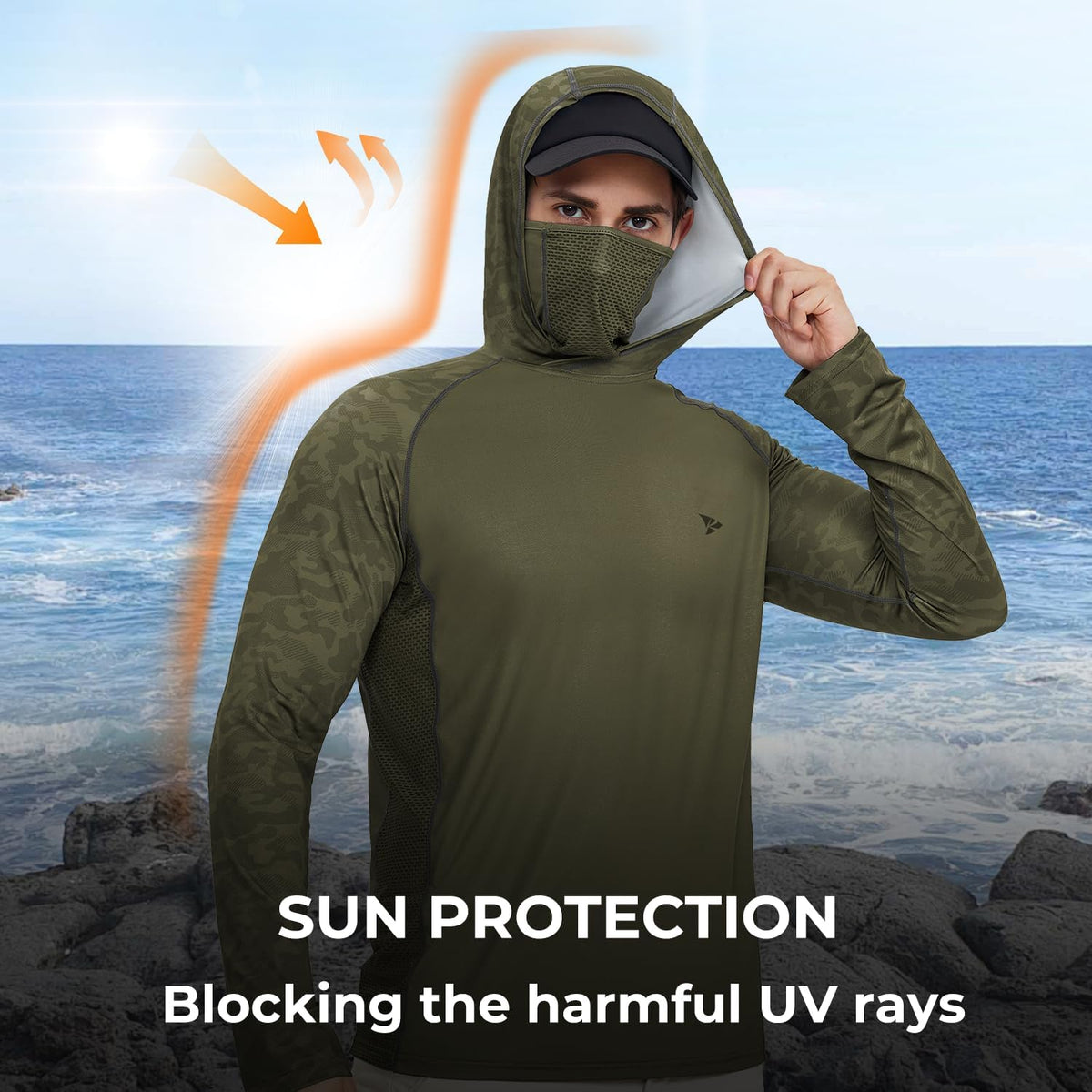 Rodeel UPF 50+ Men’s Long Sleeve Performance Fishing Hiking Shirt with Mask UV Neck Gaiter Hoodie