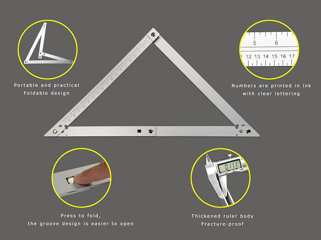FEI-RONG 24 Folding Square - Aluminum & Carbon Steel Framing Square | 45-90 Degree Adjustable Angle Ruler for Roofing, Stair Work, Woodworking | Includes Carrying Case