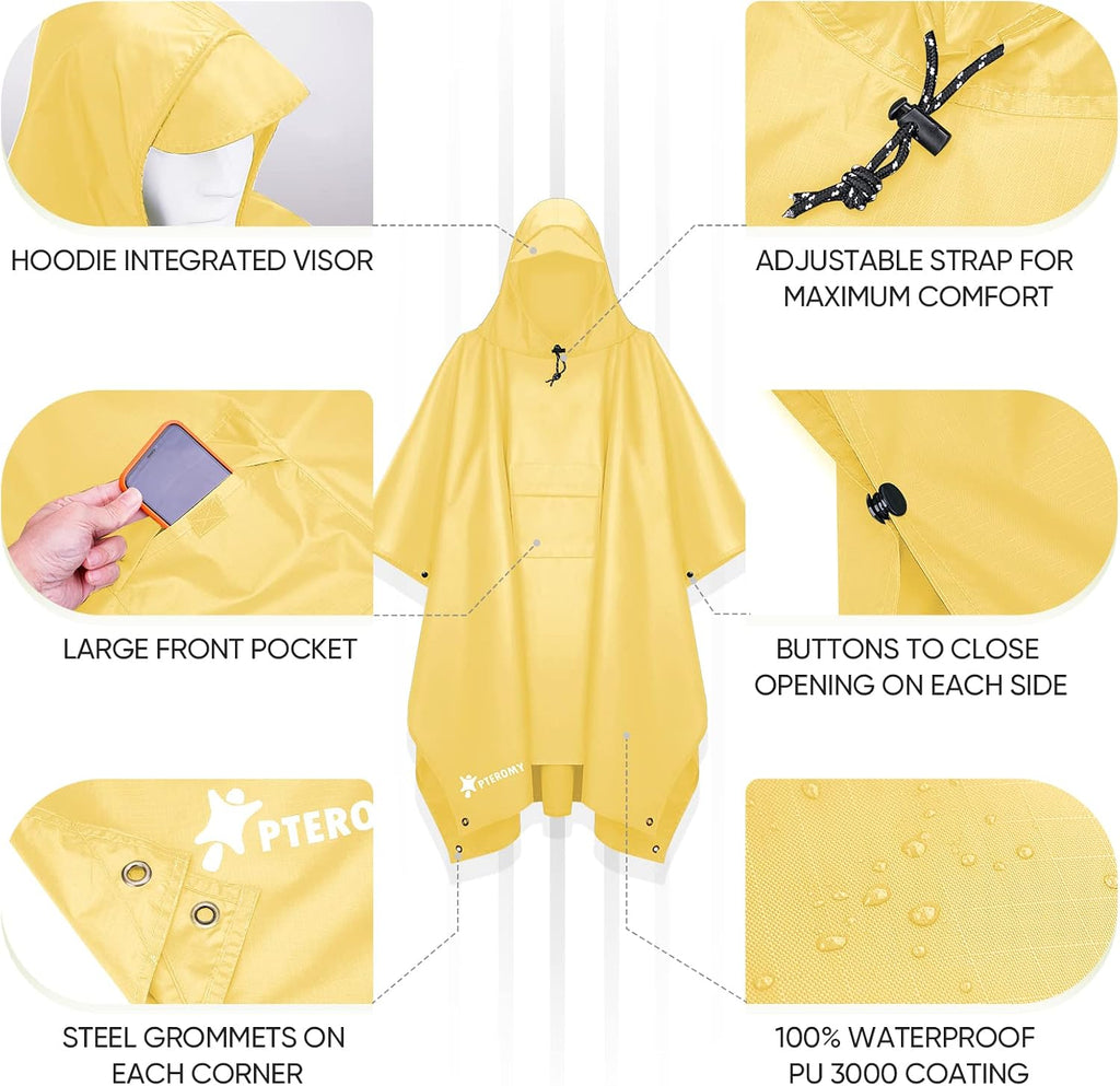 PTEROMY Hooded Rain Poncho for Adults, Reusable Waterproof Raincoat