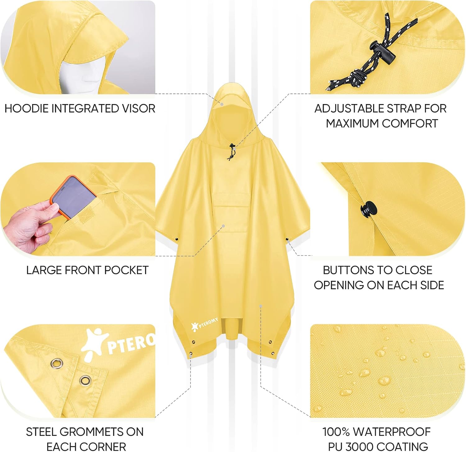 PTEROMY Hooded Rain Poncho for Adults, Reusable Waterproof Raincoat