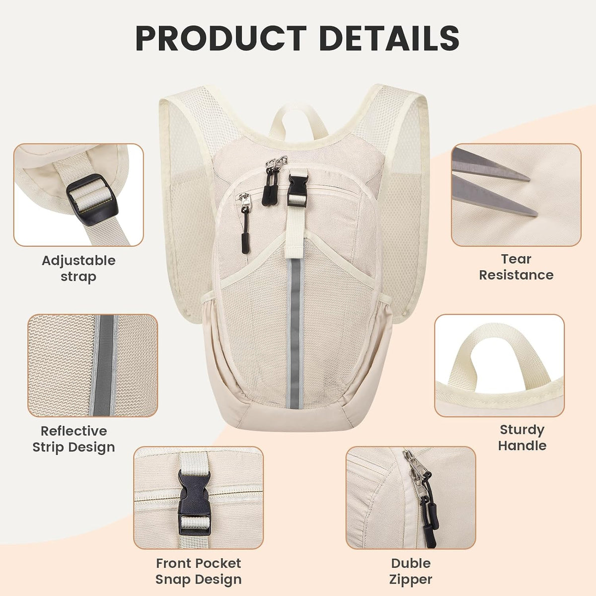 Small Hiking Backpack 10L- Lightweight Packable Foldable Backpack for Travel Camping Outdoor Commute, Compact Rucksack for Women Men(Beige)