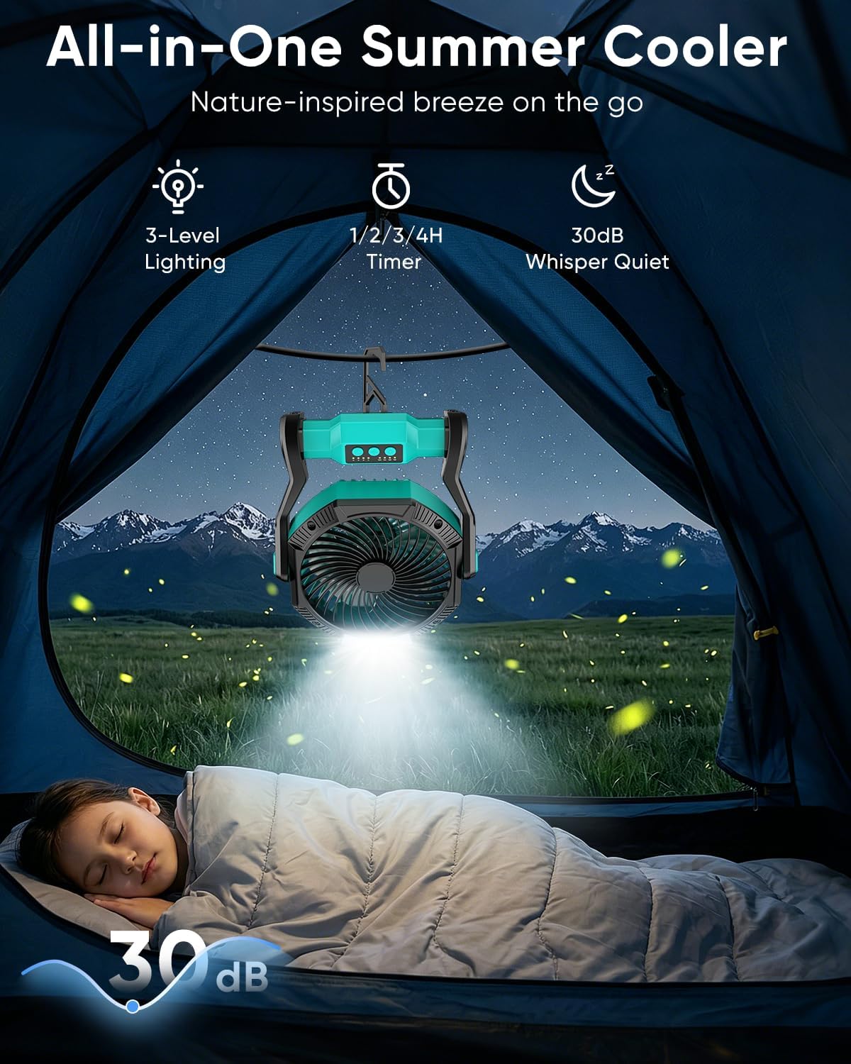Portable Rechargeable Fan, 20000mAh Battery Powered Camping Fan with LED Light & Hook, 270° Adjustable, 4-Speed, 4H Timer Camping Essentials for Outdoor Tent Travel BBQ Car_Blue