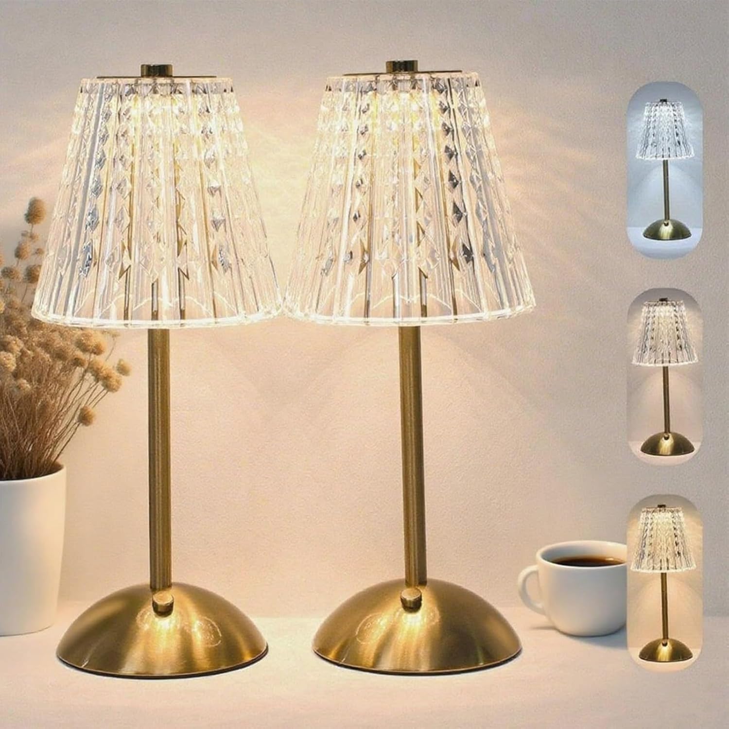 2 Pcs Cordless Rechargeable Table Lamp, Touch Dimming, 3 Color Modes