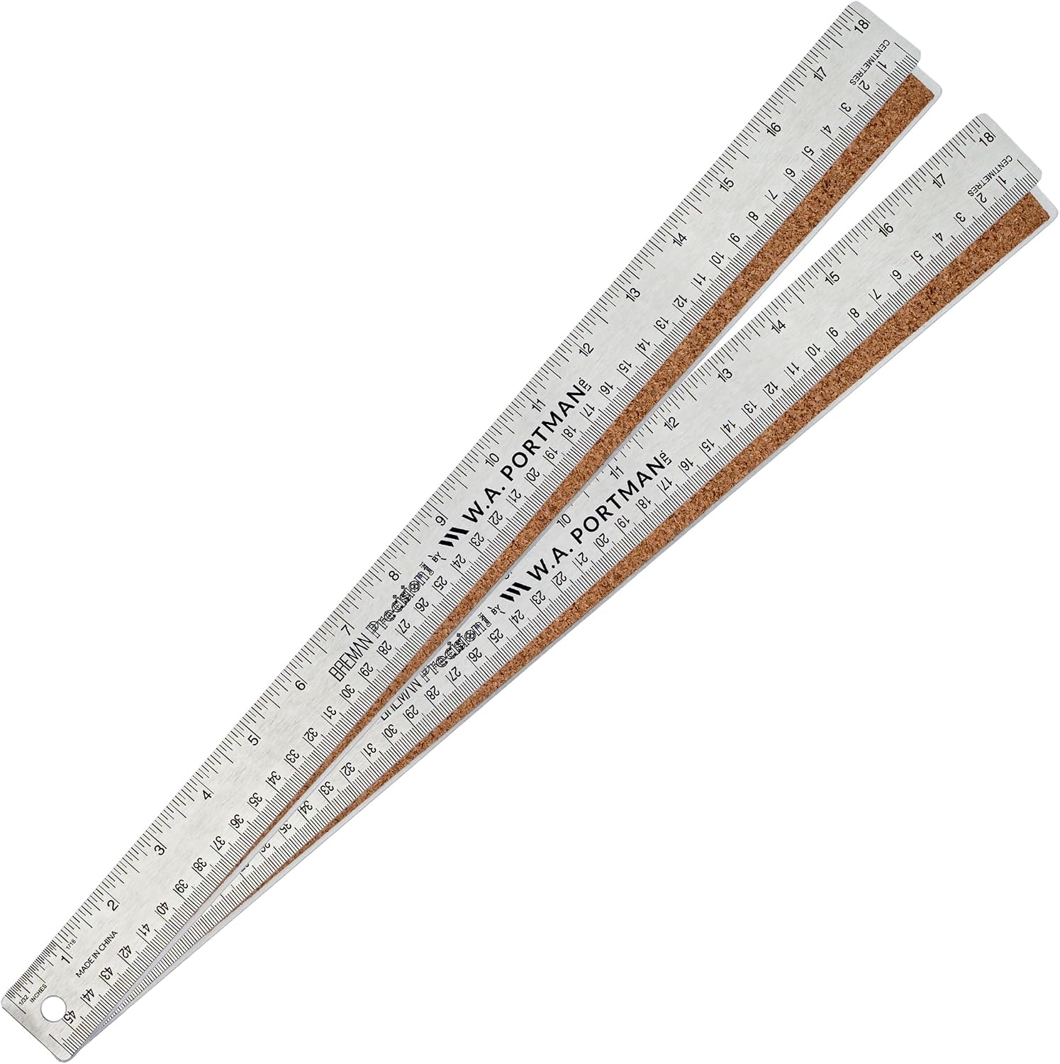 WA Portman Metal Ruler 18'', 2pc Corkback Stainless Steel Ruler Metric Edge