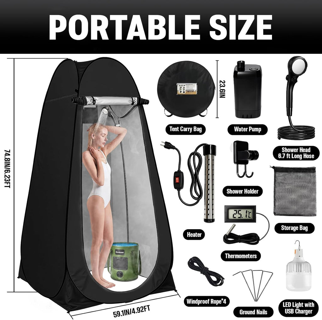 Portable Shower with Heater, Pop Up Camping Shower Privacy Tent Kit with LED Lights, 6000mAh Rechargeable Shower Pump, 6.6 Gal Foldable Bucket, Outdoor Camp Shower Kit for Travel, Pet Bath, Car Wash
