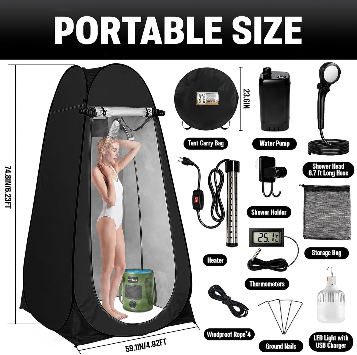 Portable Shower with Heater, Pop Up Camping Shower Privacy Tent Kit with LED Lights, 6000mAh Rechargeable Shower Pump, 6.6 Gal Foldable Bucket, Outdoor Camp Shower Kit for Travel, Pet Bath, Car Wash
